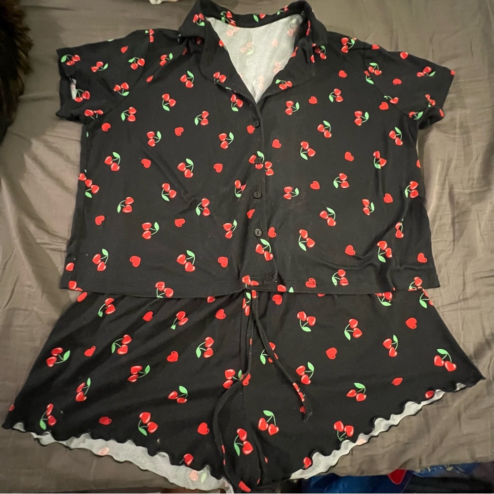 Cherry Print Soft Pajama Set - Black and Red